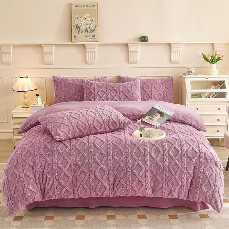 

Winter Thickened Tower Velvet Quilt Cover Four-Piece Set Warm with Velvet Bed Three-Piece Double-Sided Velvet Milk Fiber Fitted Sheet 48*74cm (pillowcase 1 pair) Taro purple