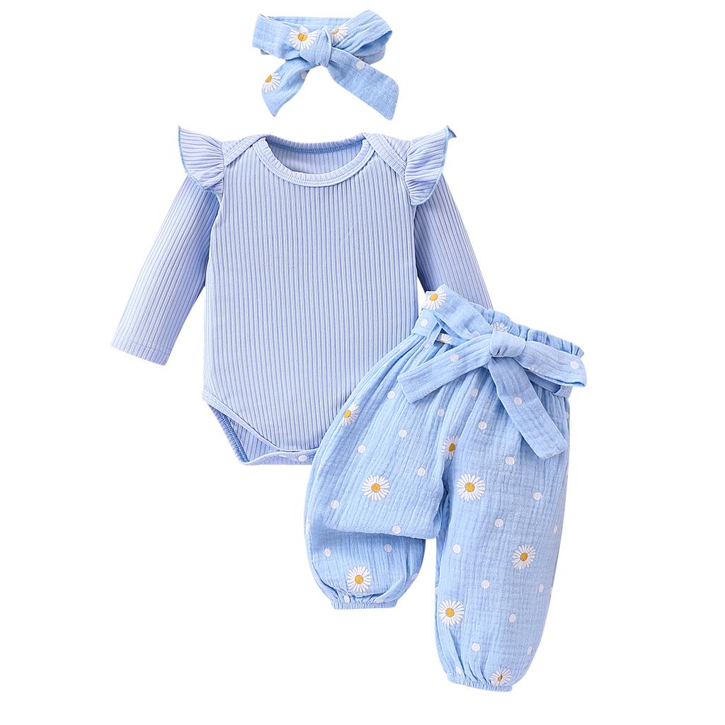 Herbst-Outfits für Babys, Mädchen, einfarbig, gerippter Langarm-Strampler mit Hose mit Gänseblümchenmuster, Gürtel und Stirnband, 4-teiliges Set
