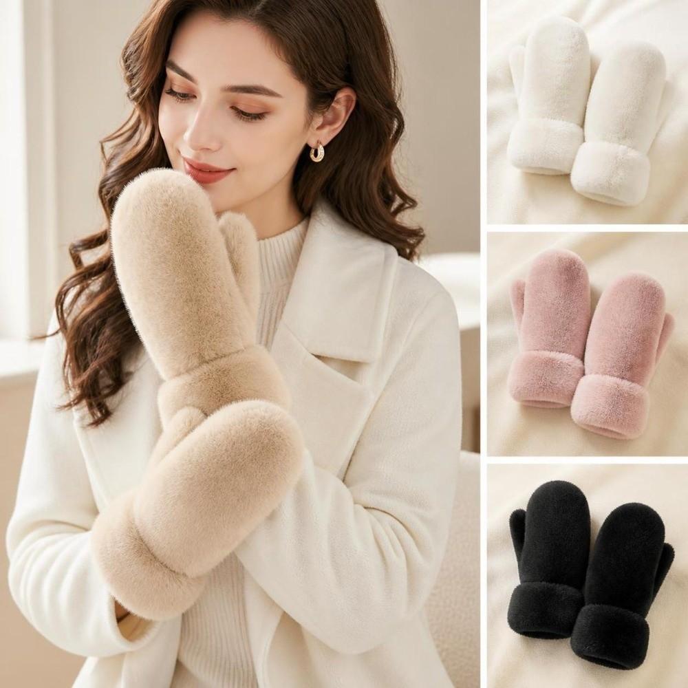 1pair Windproof Imitation Rabbit Fur Gloves Thickened Winter Mittens Simple Plush Gloves Women