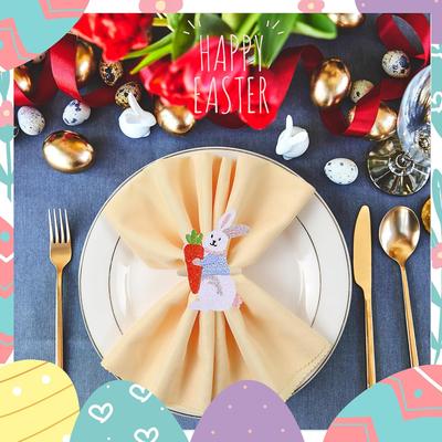 Easter Napkin Rings Set of 12 Embroidery White Bunny Rabbit Colorful Napkin Rings for Farmhouse Wedding Dinner Parties Home Table Decoration, 2.36