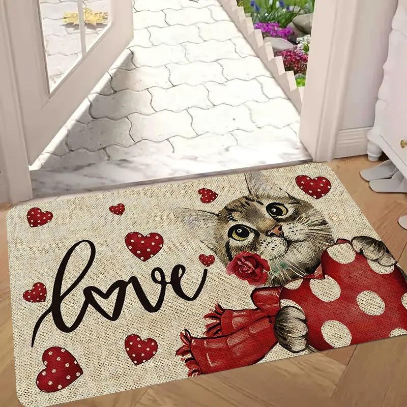 Rose Cat Valentine's Day doormat, easy to clean and durable