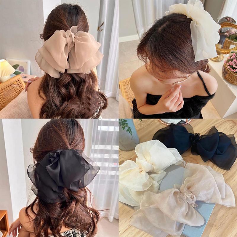3Pcs Fashion Korean Chiffon Large Bow Spring Clip Hair Accessory Women Lace Hair Clip Spring Accessories, Hair Accessories