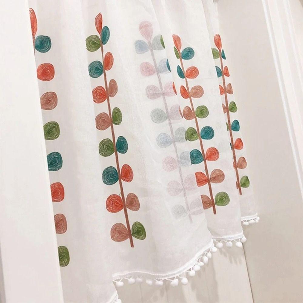 Semi Sheer Voile Drapes Embroidered Leaves Short Curtains Home Decoration Bath Curtain  Cafe