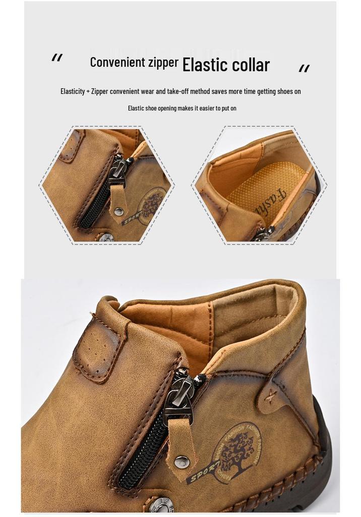 Autumn/Winter Men's Mid-Top Leather Slip-On Martin Boots - Large Size, Handmade, Stitched, Business Style.