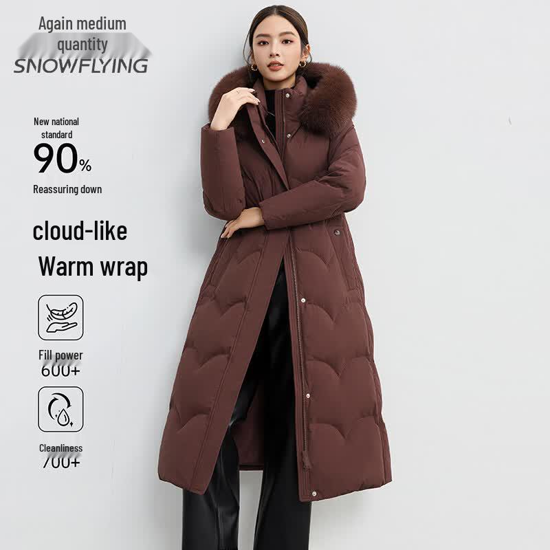 SNOWFLYING Women's Long Winter Down Jacket with Fox Fur Hood