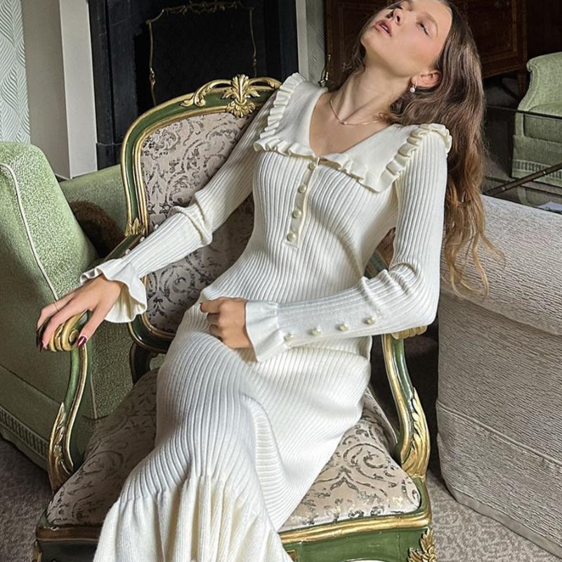 Podzimní Pletené Šaty s Dlouhým Rukávem a Volánky Dámská Móda Zimní Slim Fit Svetrové Šaty s Vysokým Pasem Dámské Elegantní Vintage Sexy Párty Ležérní Šaty 25085