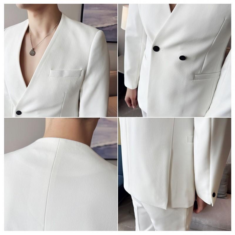 High Quality Fashion Men's Suit Coat Collarless Solid Wear Korean Style Slim Fit Blazers Tops Man