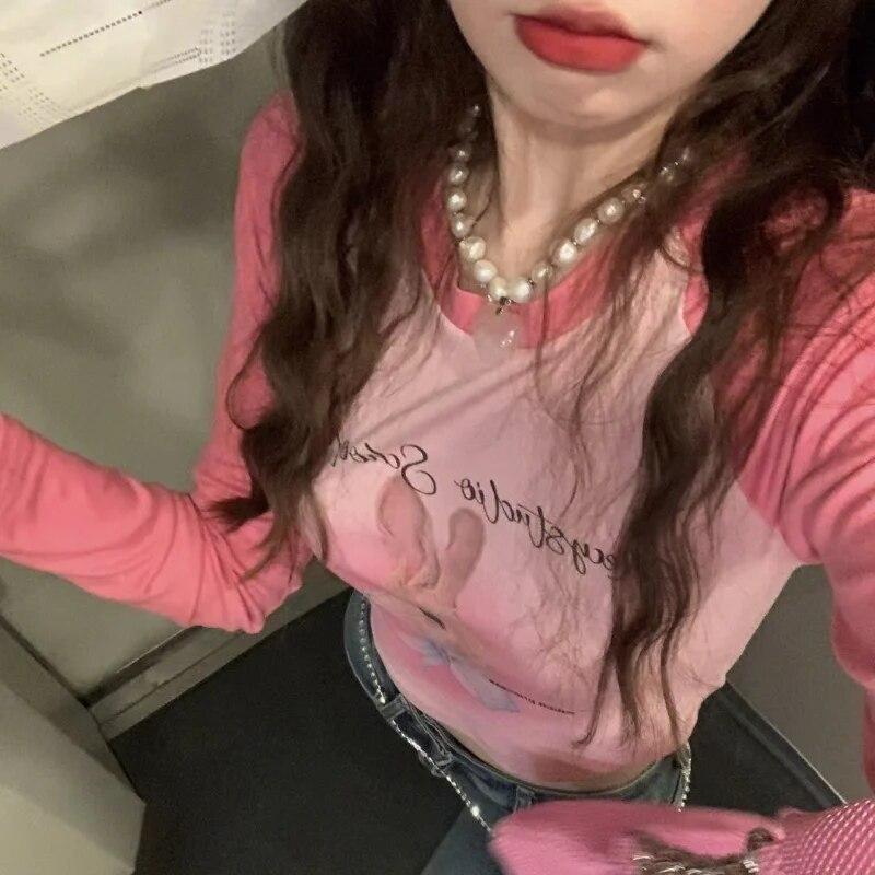 2KWEIRD Crop Tops Korean Woman Tshirts O-neck Long Sleeve Contrast Color Tunic Tees Fashion Casual Sweet Y2k T Shirt