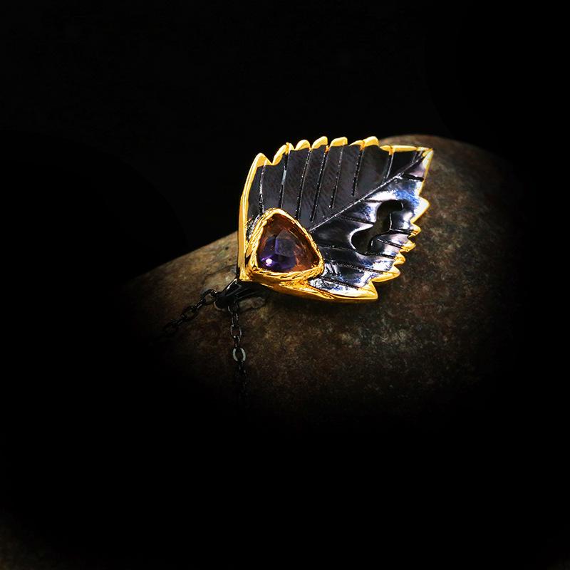 Boho Gothic Vintage Leaf Triangle Zircon Pendant Necklace Clavicle Chain Charm Jewelry Senior Lady 925  Jewelry