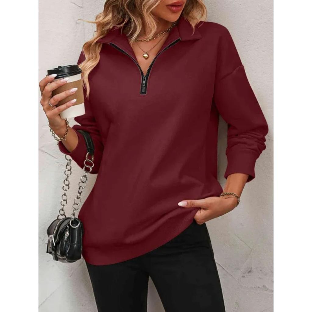 Felpa da donna con mezza zip e maniche lunghe, vestibilità ampia, casual, tinta unita, top pullover