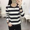 Plus Size Long Sleeve Striped T-Shirt Women's Loose-Fit Slimming Crew Neck Top for Spring Autumn