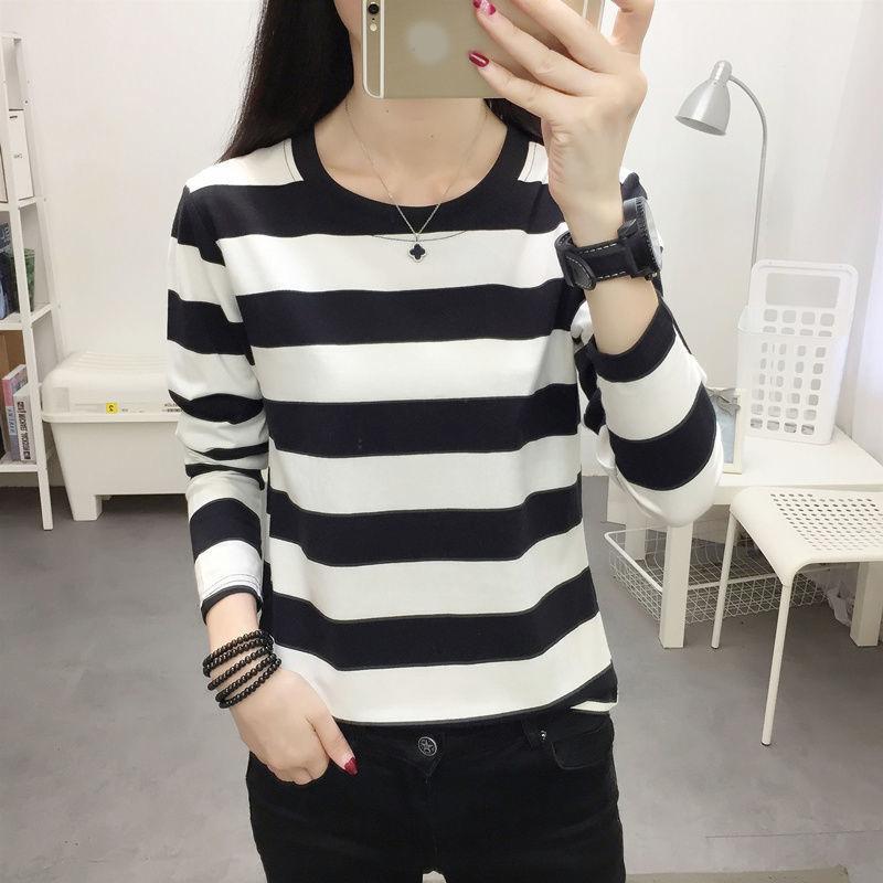 Plus Size Long Sleeve Striped T-Shirt Women's Loose-Fit Slimming Crew Neck Top for Spring Autumn