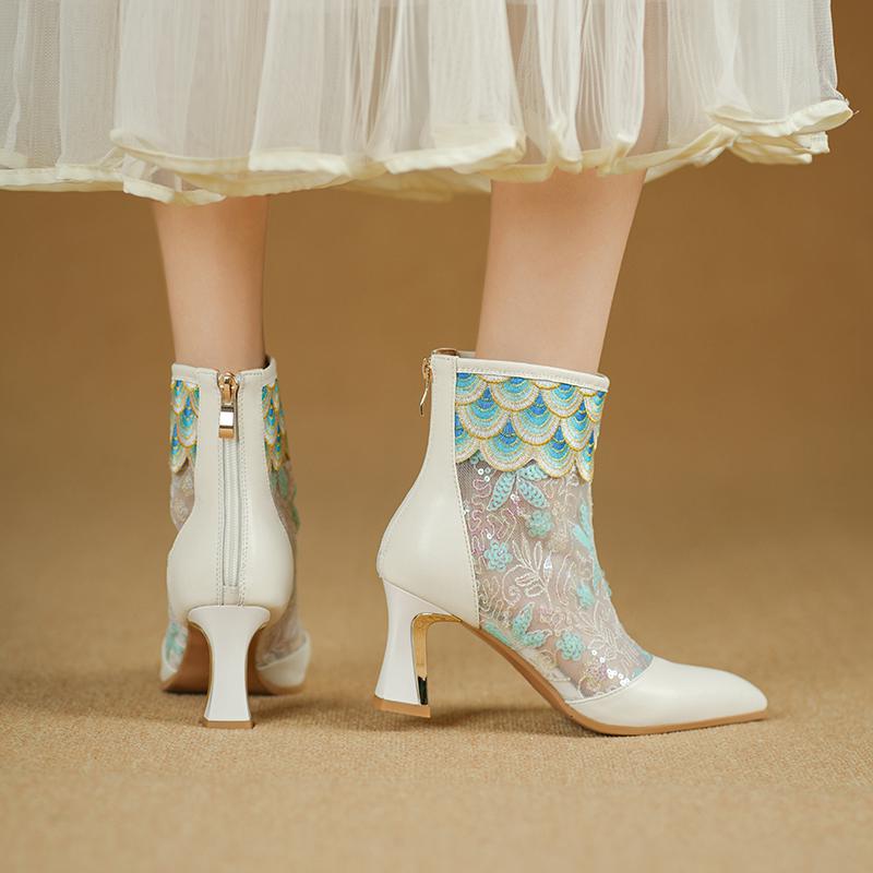 Krazing Pot Cow Skin Pointed Toe Summer Boots Fashion Air Mesh Bling Patch Appliques High Heels Embroidery Ankle Boots
