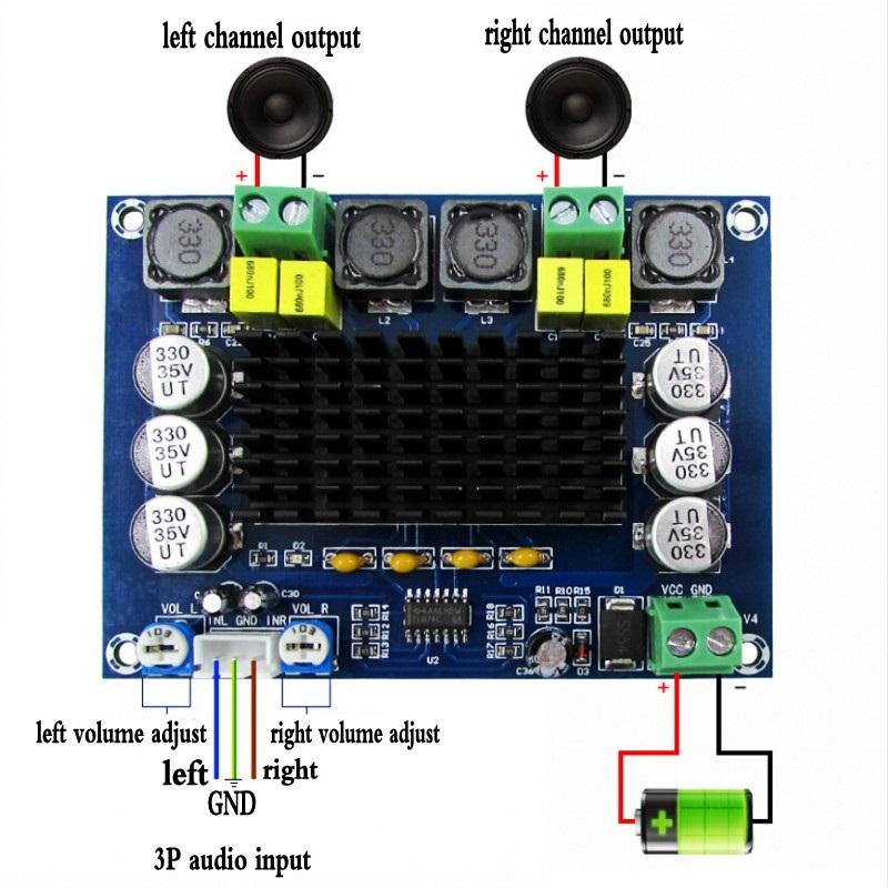XH-M543 TPA3116D2 Dual Channel Amplifier Board 120W×2 DC 12-28V 24V with TL074C Op-amp Pre-amplifier High Power Stereo Audio Module