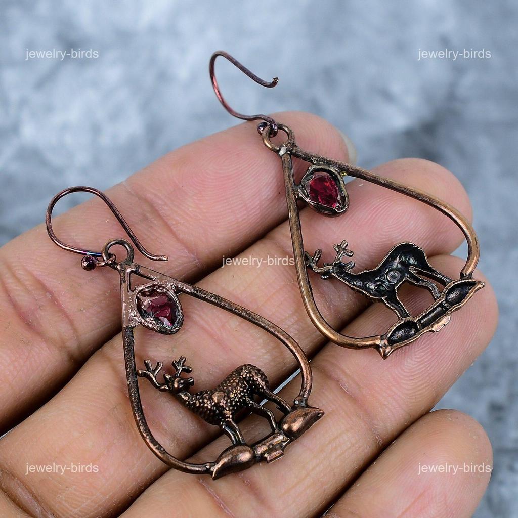 Oval Ruby Stone Birthday Gift Dangling Electroformed Engagement Earrings Copper VP-82