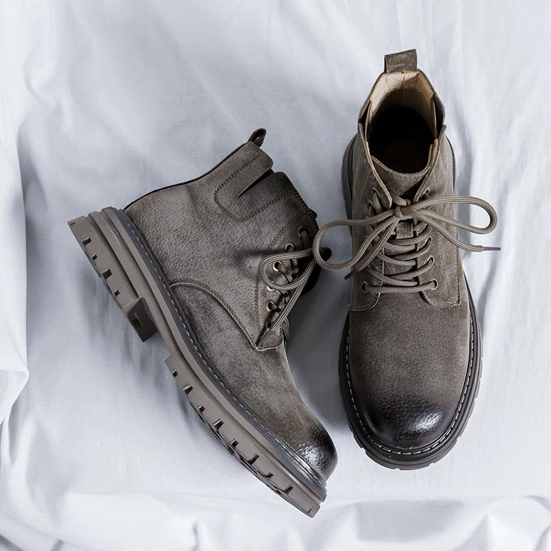 British Style High Top Boots Men's Leather Shoes Fashion Motorcycle Ankle Boots For Men Winter Thick Soled Lace-Up Man Military