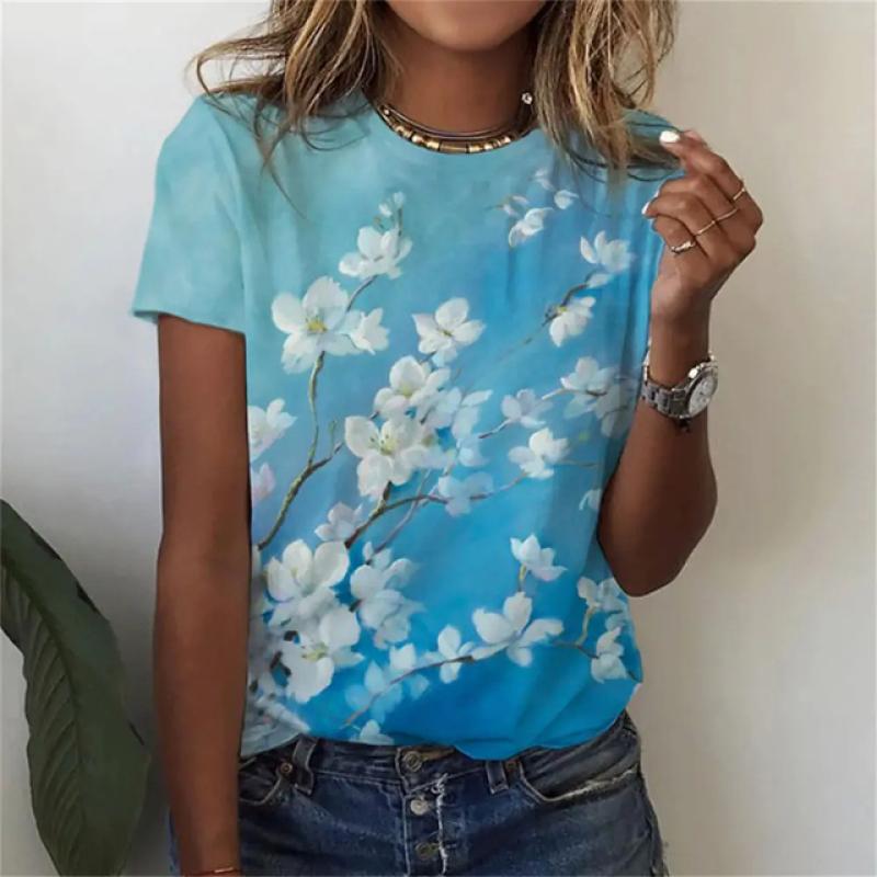 Camiseta feminina de verão, manga curta, estampa floral 3d, gola redonda, moda feminina, roupas soltas, tops grandes, roupas y2k