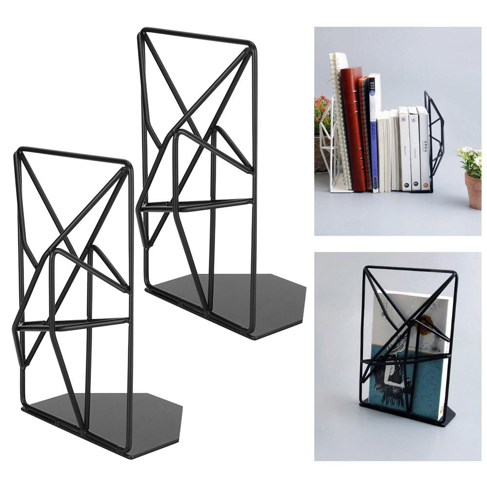 2Pcs Solid Geometry Book Stands Metal Hollow Desk Nonskid Bookend Shelf Heavy Duty Black