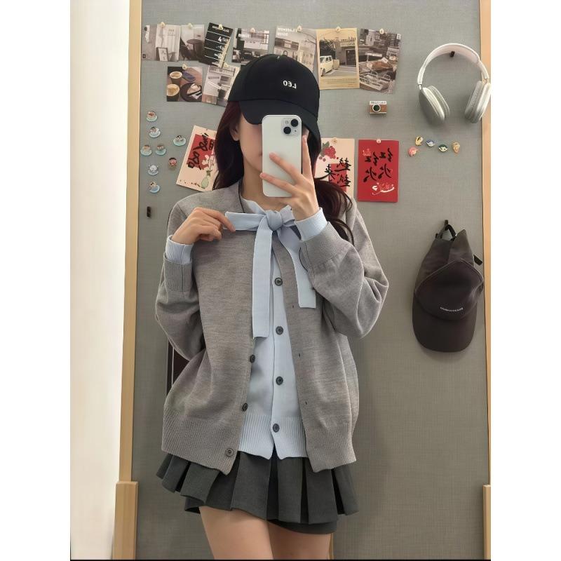 Contrasting Color Fake Two-piece Splicing Knitted Sweater Autumn New Gentle Wind Wear Cardigan Sweater Jacket Women