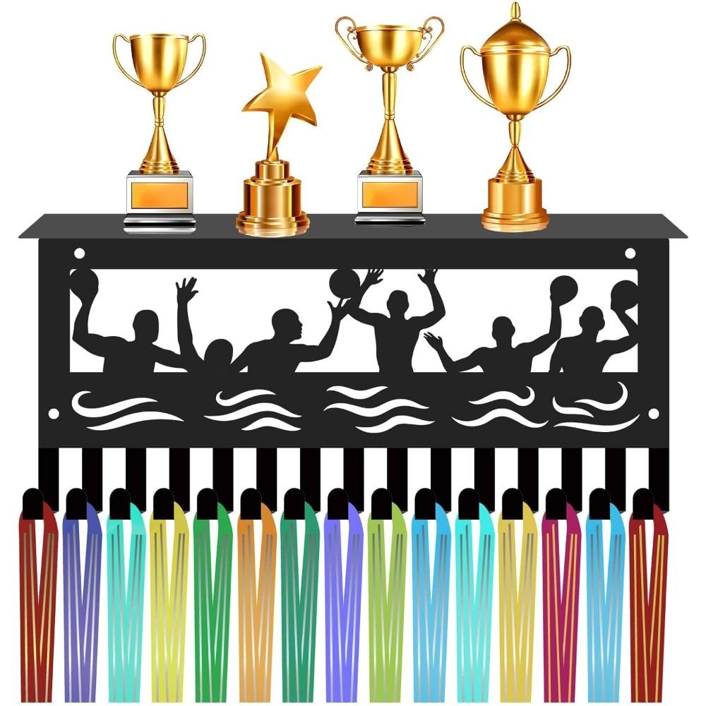 Swimming Medal Hanger Display with Shelf, Trophy Medal Holder Rack Iron Wall Mount Decor Metal Organizer for Hanging Medals Swimmer 11.8 X 5.1 Inch