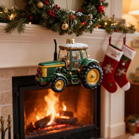 1/3Pcs Christmas Pendant Tractor Wearing Xmas Hat Charm Ornament Snowy Roof Farmhouse Holiday Style