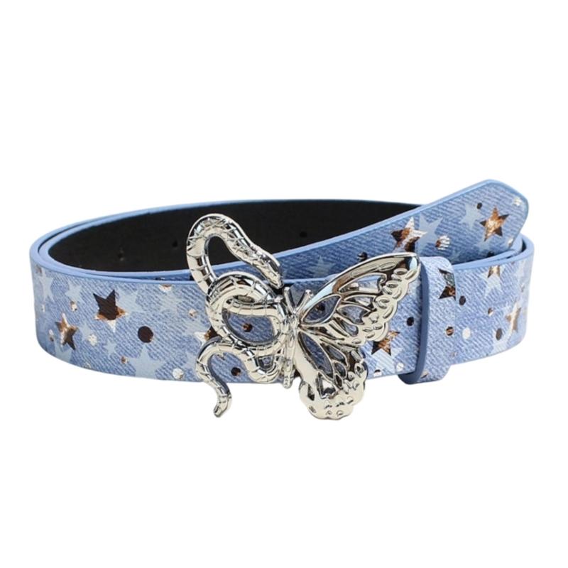 Jean-Look Fashion Belt with Scattered Star Pattern, PU Leather Sash, Metal Hardware and Fit Adjustment Points for Outfits