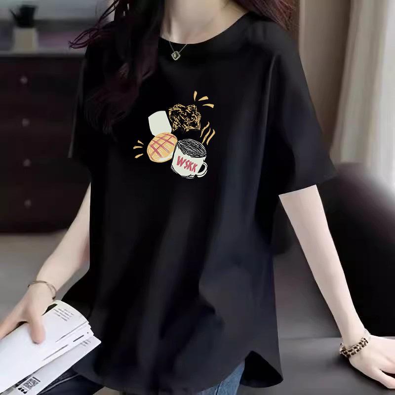 Curved Mid-Length Women's Cotton T-Shirt - Summer Cartoon Print Sleeve