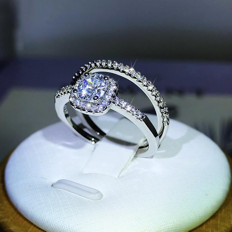New Small Couple Ring  Sterling Silver Popular Fashion Four-Claw Zircon Ring Two-Piece For Ladies Party Birthday Jewelry Gift