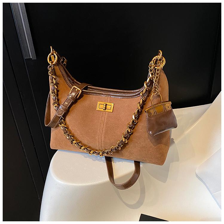 Ielgy Suede Large Capacity Autumn Winter Retro Shoulder Messenger Bag Chain Commuter Bucket Bag