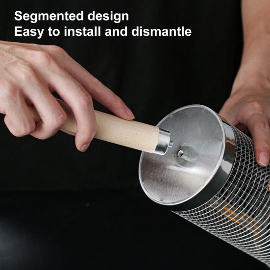Stainless Steel BBQ Grill Basket with Wooden Handle Rolling Cage for Even Cooking Vegetables Seafood Meat Camping Barbecue Tool