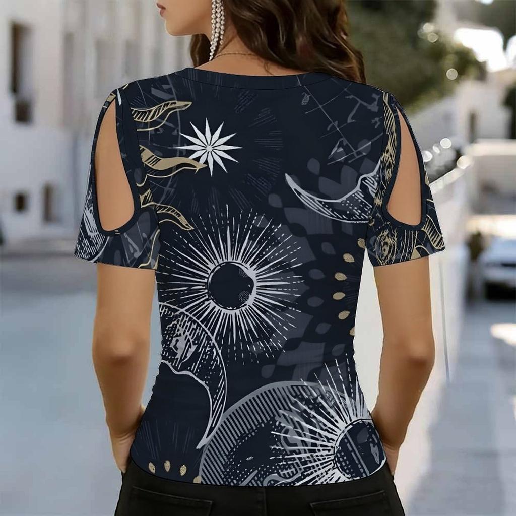 Women V Neck Cold Shoulder Blouse Black Background Colorful Star Print Short Sleeve Top