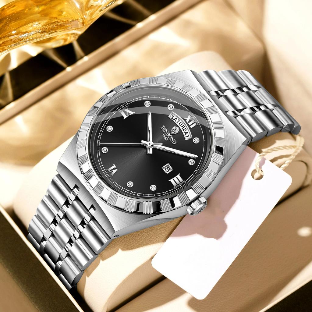 BINBOND Men's Watches Simple Fashion Original Quartz Watch for Man Texture Dial Stainless Steel Date Week Trend Dress Wristwatch