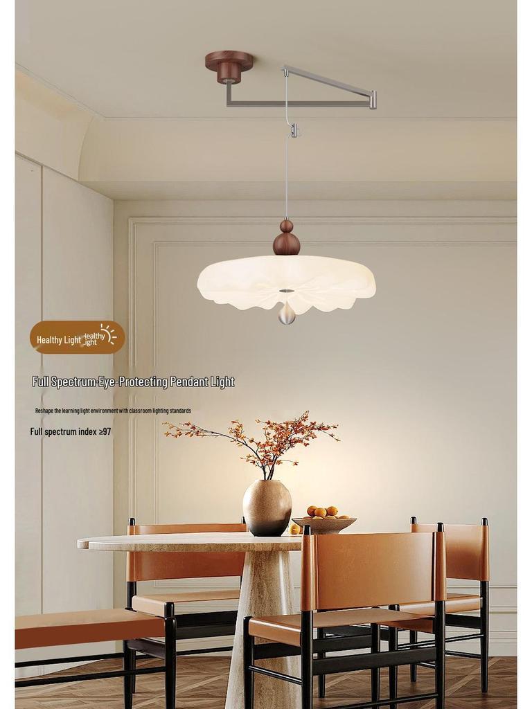 Pre-owned Walnut Dining Table Swing Arm Chandelier, French Cream Style, Eye-Protective.