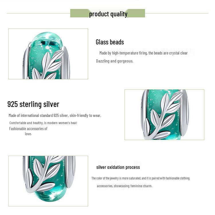 Silver Ziyun Green Leaf Glass Beads Sterling Silver Bracelet - SCC863