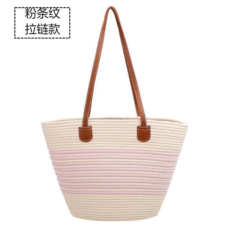 Versatile High-end Straw Bag, Seaside Vacation Striped Woven Bag, Women's Large-capacity Shoulder Beach Tote Bag