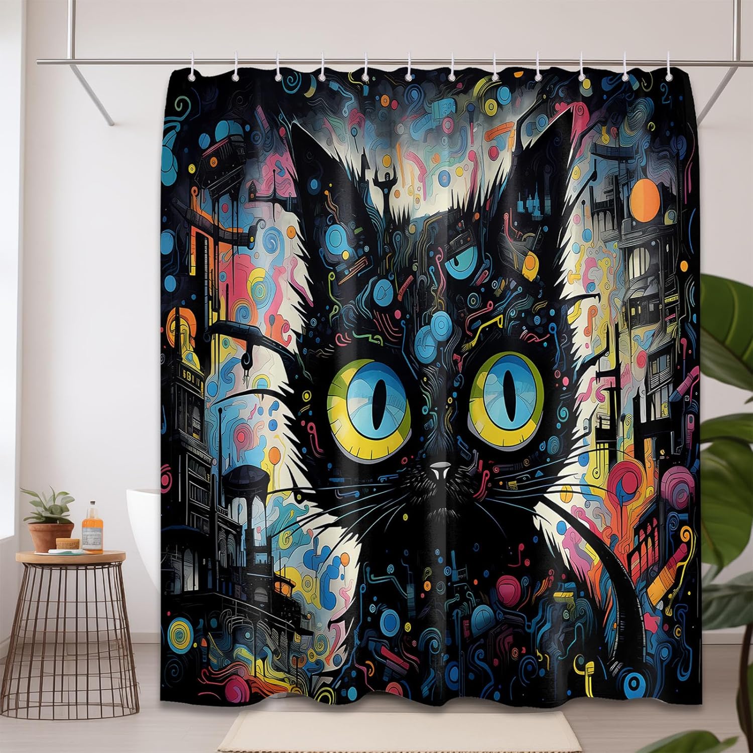 

Black Cat Shower Curtain Japanese Anime Cool Funny Kids Bathroom Decor, Waterproof Fabric with Hooks, 72x72 Inch 90x180cm