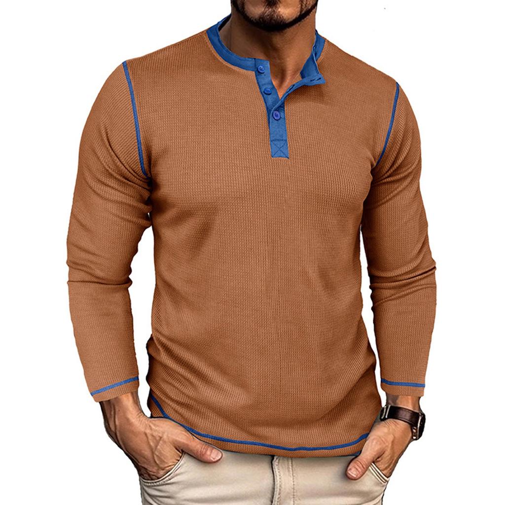 Men's Color Blocked Versatile Long Sleeved Shirt Retro T-shirt Bottom Shirt