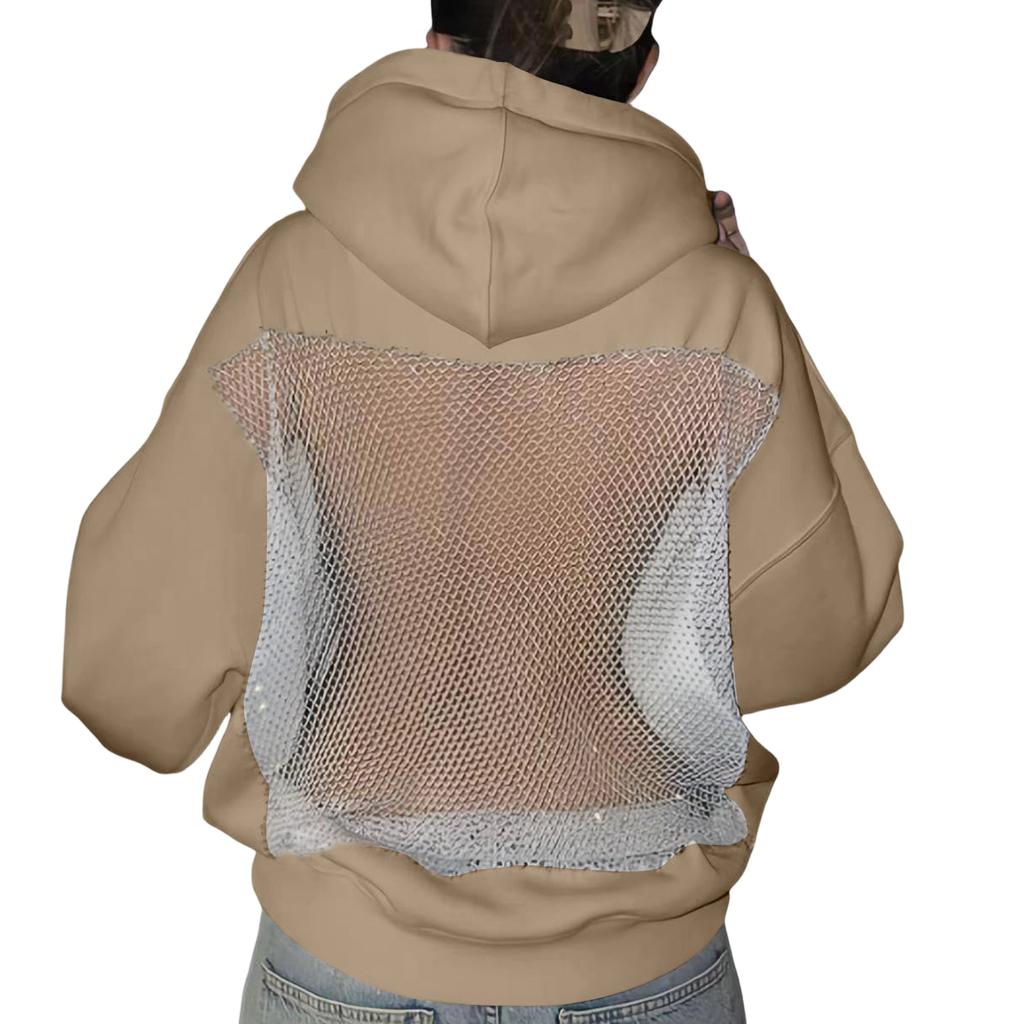 Women's Color Fashionable Backless Hollow Mesh Long Sleeved Hooded Sweatshirt
