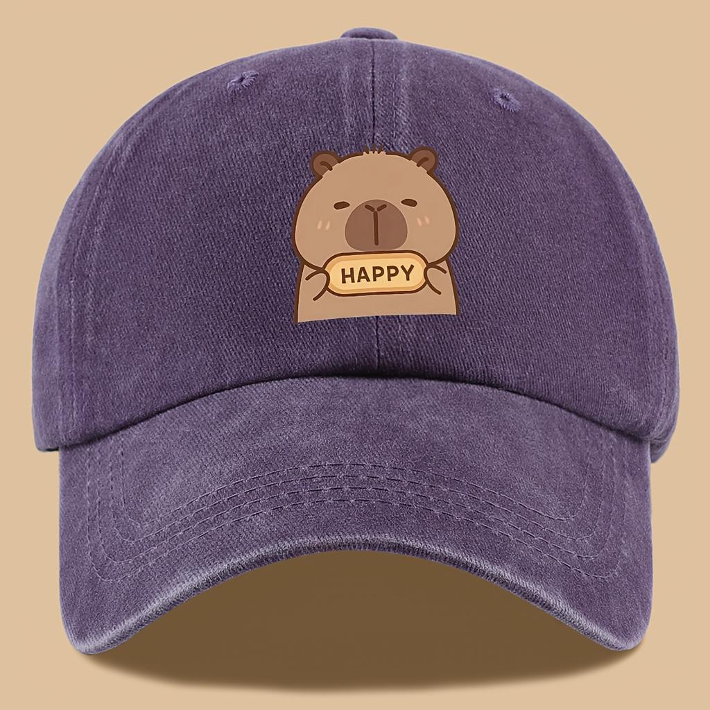 pc Capybara Happy Print Trucker Hat  Vintage Washed Adjustable Baseball Cap Breathable Unisex Outdoor Sun Hat with Cute Carto
