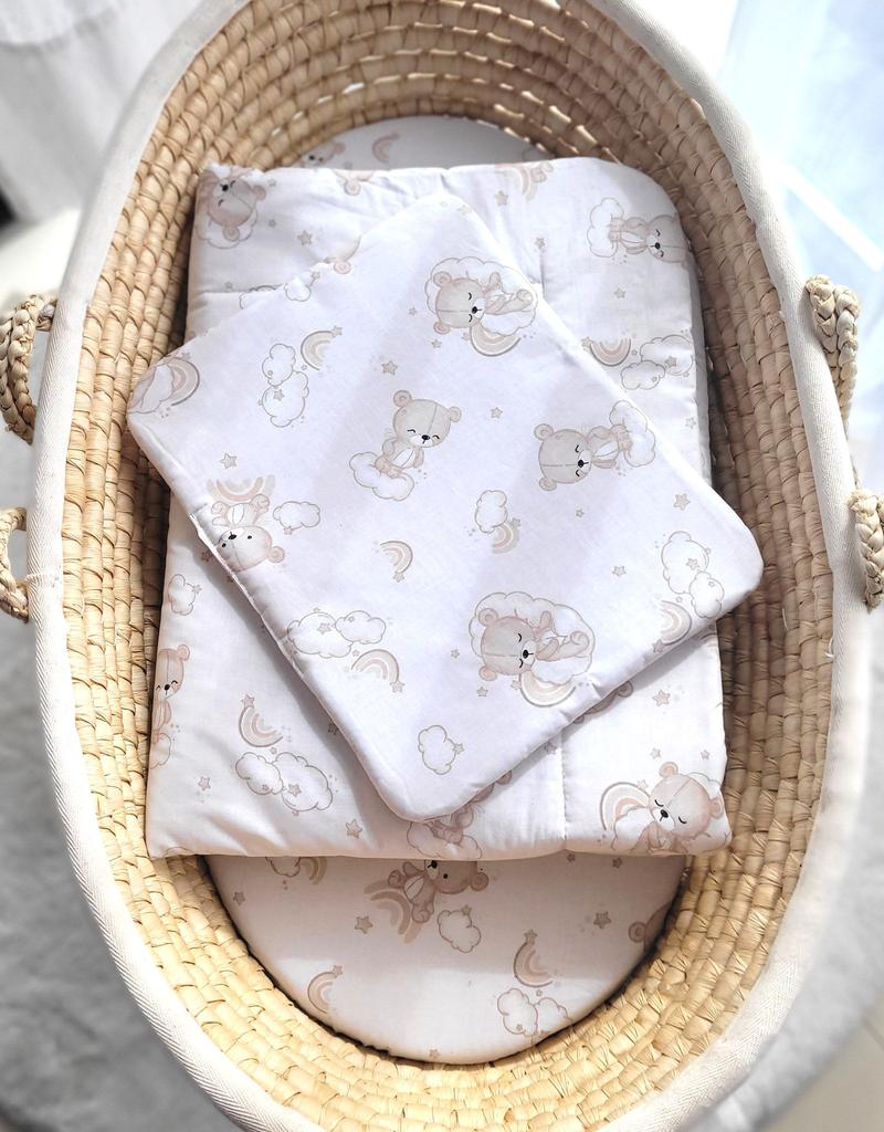 Newborn bedding set with filling, 2 pieces, 75x100cm, beige teddy bear with rainbow