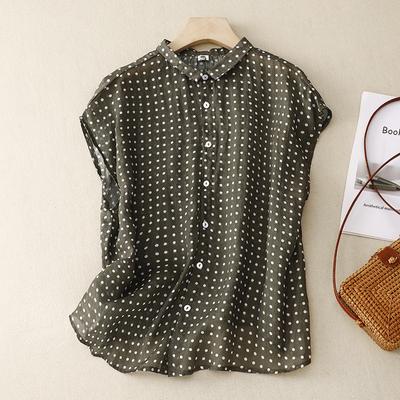Summer Thin Cotton Linen Blouse Top for Women Artistic Casual Loose Polka Dot Sleeveless Shirt Black Green