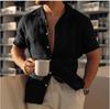 Men's Cross-Border Linen Button Casual Shirt Summer Beach Shirt Short Sleeve Plain Lapel Casual