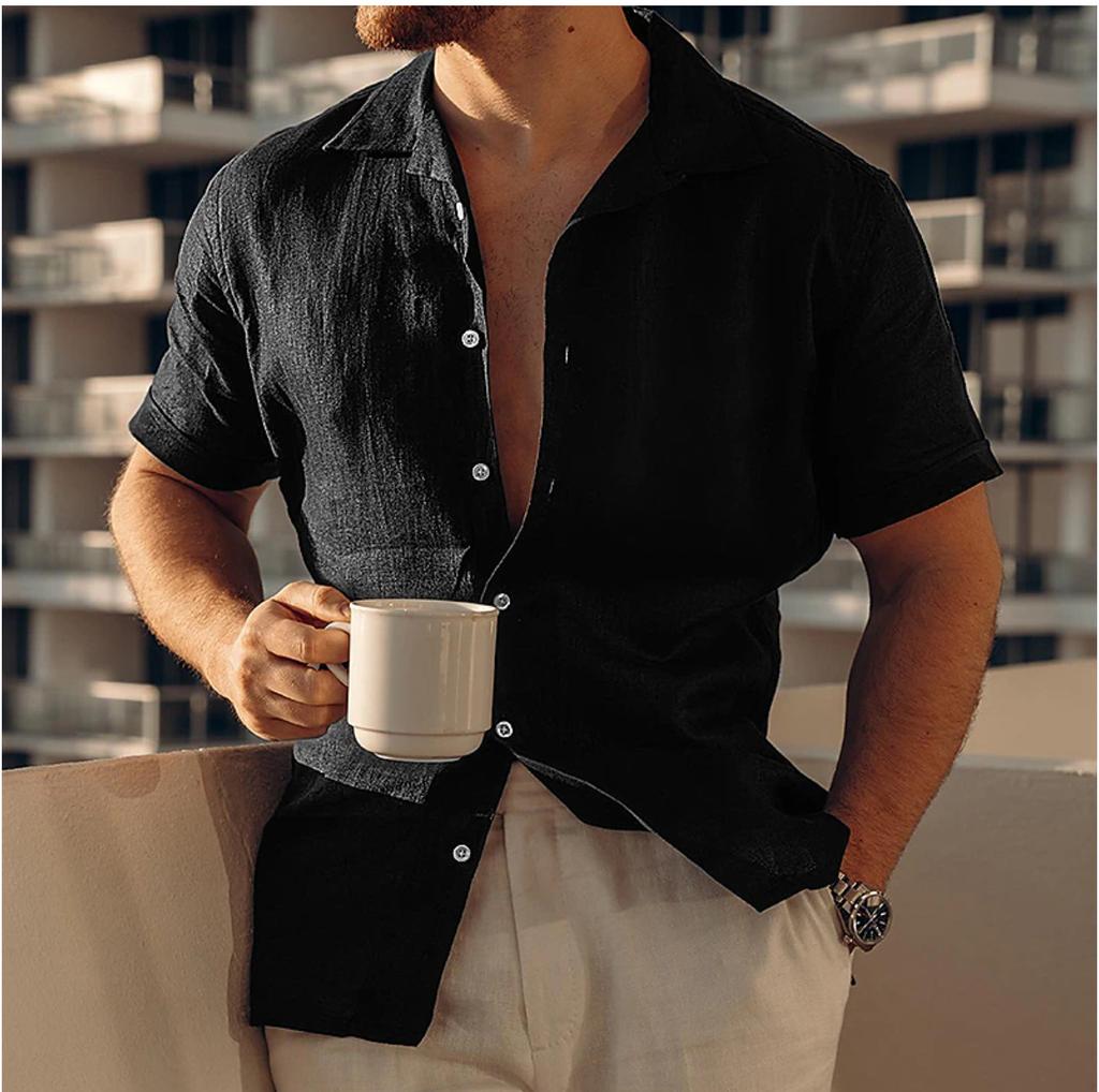 Men's Cross-Border Linen Button Casual Shirt Summer Beach Shirt Short Sleeve Plain Lapel Casual
