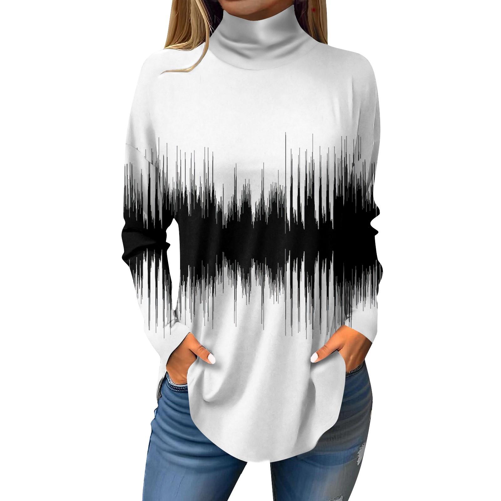 Женская модная повседневная футболка с длинным рукавом с высоким воротом и принтом — фото 3