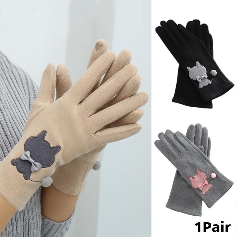 Women Touch Screen Outdoor Gloves Winter Fleece Riding Cat Embroidery Driving Elastic Gloves Warm One Size Fits All