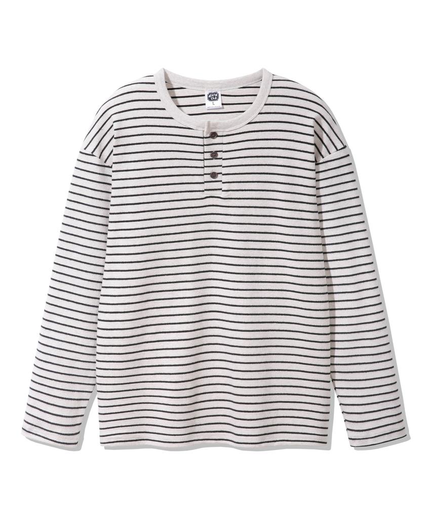 ALVINCLO Peach Stripe 3-Button Henley Neck Long Sleeve T-Shirt Avt953 (3 Colors)