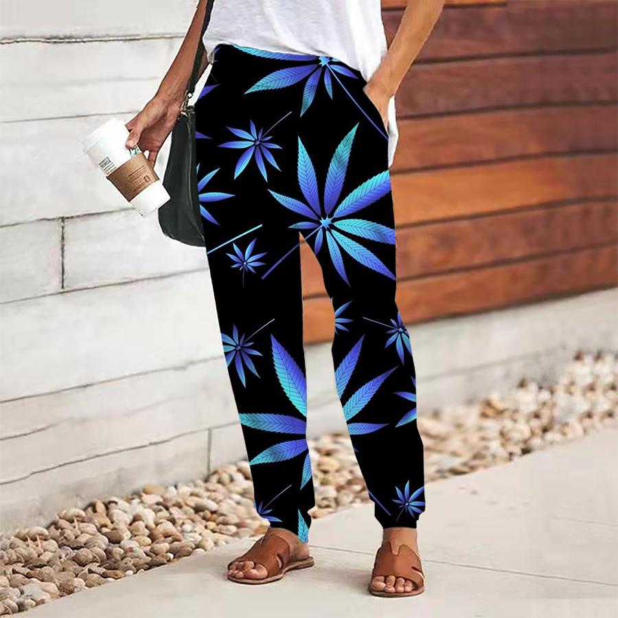 Women Leaf Printing Pants Lace Up Elastic Waist Loose  Trousers Casual Long Pants Trousers with Pockets