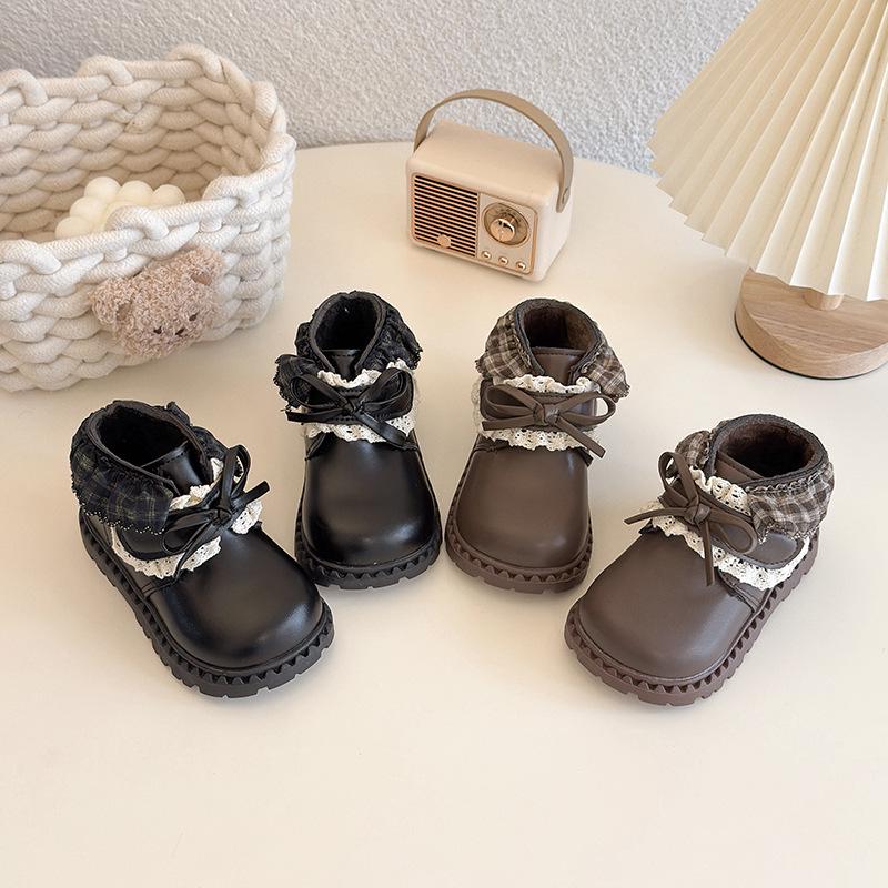 Kore Retro Kız Çocuk Siyah Kışlık Deri Ayakkabı 2025: Lolita Bebek Fiyonklu Pamuklu Kısa Botlar