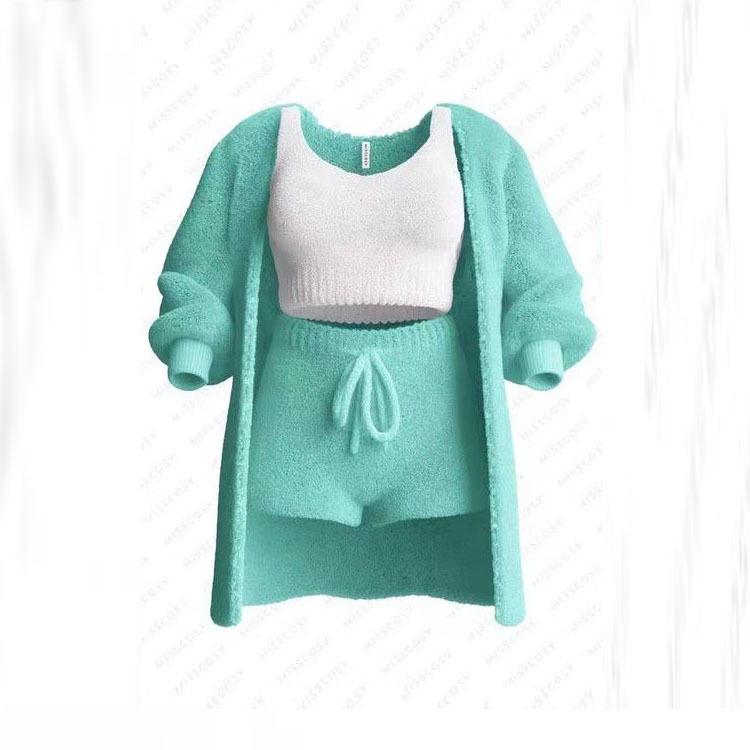 2026 Autumn/Winter Knit Plush Long-Sleeve Jacket, Vest, Shorts, and Three-Piece Set