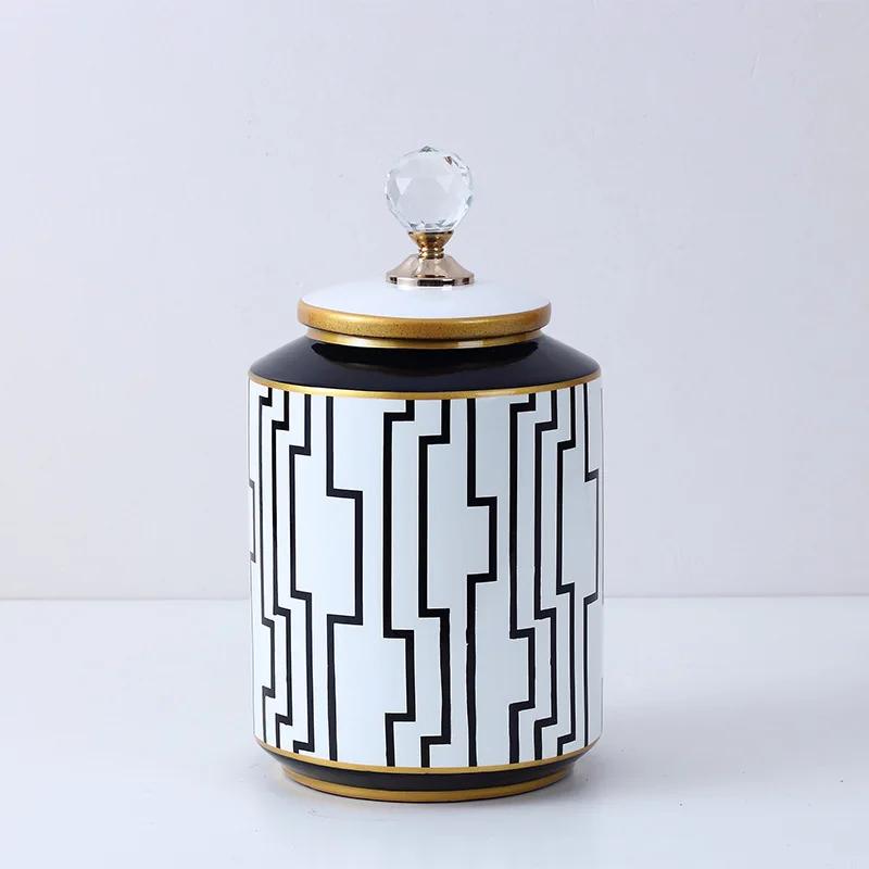 Modern Home Storage Tank with Cover Storage Container Desktop Storage Black and White Geometry Ceramic Jar Food Container